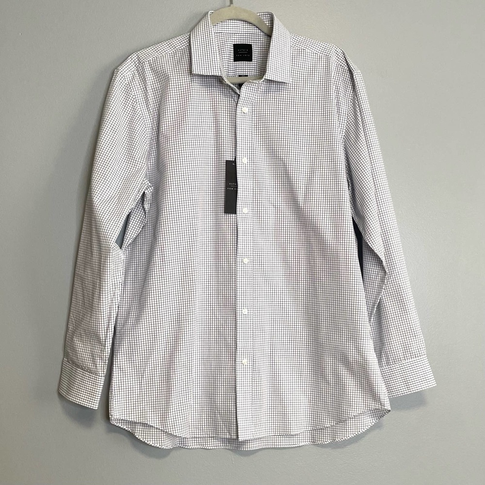 Oxford Blue White Plaid Button Down Dress Shirt 16.5 32/33